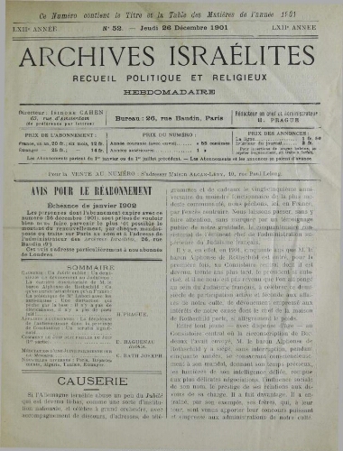 Archives israélites de France. Vol.62 N°52 (26 déc. 1901)